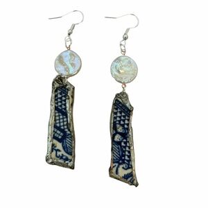 Blue Willow Broken China Earrings Freshwater Pearl Drop Artisan Dangle
